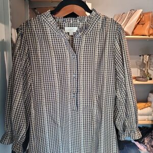 LOFT Navy and Tan Plaid Blouse